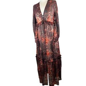 Intermix Silk Ruffle Button Front Maxi Dress Red Black Print Size S Pockets